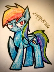 Size: 3024x4032 | Tagged: safe, artist:xxv4mp_g4z3rxx, rainbow dash, pegasus, pony, g4, blue coat, colored pencil drawing, fangs, multicolored mane, multicolored tail, raised hoof, signature, solo, tail, traditional art