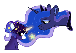 Size: 2350x1650 | Tagged: safe, artist:pink-pone, princess luna, oc, oc:nova stella, alicorn, pony, unicorn, g4, bald face, blaze (coat marking), blushing, bust, chest fluff, coat markings, colored pinnae, duo, ear fluff, ethereal mane, facial markings, female, filly, foal, gift giving, gingerverse, horn, looking at someone, looking away, magic, magic aura, mare, profile, simple background, starry mane, telekinesis, transparent background, unicorn oc