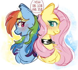 Size: 1640x1468 | Tagged: safe, artist:vaiola, fluttershy, rainbow dash, pegasus, pony, g4, advertisement, auction, avatar, back to back, big eyes, blushing, bust, chest fluff, collar, commission, couple, cute, duo, ear fluff, ear piercing, earring, example, eyebrows, female, fluffy, flutterpet, happy, icon, jewelry, lesbian, long mane, looking at each other, looking at someone, looking back, mare, pet play, piercing, portrait, ship:flutterdash, shipping, shy, simple background, sketch, ych example, your character here