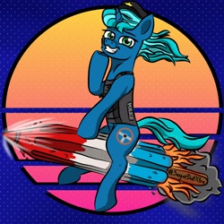 Size: 3120x3120 | Tagged: safe, artist:sugardotxtra, oc, oc only, pony, unicorn, bomb pop, commission, food, high res, police officer, popsicle, retrowave, rocket, ych result