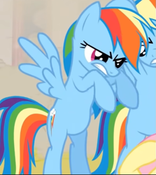 Size: 623x700 | Tagged: safe, screencap, rainbow dash, changeling, pegasus, pony, a canterlot wedding, g4, season 2, angry, bipedal, cropped, disguise, disguised changeling, solo focus