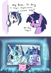 Size: 592x850 | Tagged: safe, artist:jargon scott, shining armor, twilight sparkle, pony, unicorn, g4, against glass, brother and sister, comic, cute, dialogue, dusk shine, female, fork, glass, gleaming shield, male, mare, microwave, open mouth, open smile, rule 63, shining armor is a goddamn moron, siblings, smiling, spoon, stallion, this will end in explosions, this will end in fire, this will end in grounding, this will end in pain, this will not end well, too dumb to live