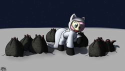 Size: 2766x1575 | Tagged: safe, artist:the-furry-railfan, part of a set, fluttershy, alien, facehugger, pegasus, pony, series:one small trot for a pony, g4, alien (franchise), astronaut, boots, curious, egg, female, helmet, moon, part of a series, sequence, shoes, solo, space, space helmet, spacesuit, stars, story included, this will end in death, this will end in tears, this will end in tears and/or death