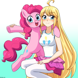 Size: 875x875 | Tagged: safe, artist:riouku, pinkie pie, earth pony, human, pony, g4, anime, blushing, clothes, commission, cosplay, costume, crossover, cute, diapinkes, dragalia lost, duo, female, mare, open mouth, shannon chan-kent, skirt, stockings, tank top, thigh highs, voice actor joke, zethia