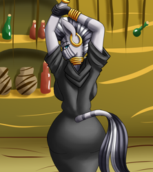 Size: 1600x1800 | Tagged: safe, artist:zachc, zecora, zebra, anthro, g4, ass, bracelet, breasts, busty zecora, butt, clothes, dress, ear piercing, earring, female, implied tail hole, jewelry, looking at you, looking back, looking back at you, neck rings, piercing, raised arm, rear view, solo, tail, wide hips, zecora's hut, zecorass