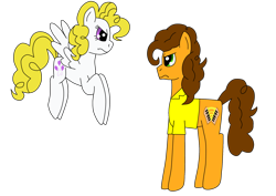 Size: 2048x1448 | Tagged: safe, artist:humanymcduck56, cheese sandwich, surprise, earth pony, pegasus, pony, g1, g4, adoraprise, angry, cheese sandwich is not amused, cute, diacheeses, duo, female, flying, g1 to g4, generation leap, looking at each other, looking at someone, madorable, male, mare, simple background, stallion, surprise can fly, surprise is not amused, transparent background, unamused
