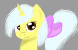 Size: 591x380 | Tagged: safe, artist:humanymcduck56, oc, oc only, oc:ester, pony, unicorn, bow, gray background, hair bow, horn, looking at you, ponytail, simple background, solo, unicorn oc