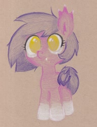 Size: 1730x2247 | Tagged: safe, artist:foxtrot3, oc, oc only, oc:cicada, bat pony, pony, bat wings, cute, female, filly, foal, pink coat, purple hair, solo, thestrali, traditional art, wings, yellow eyes