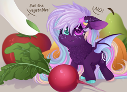 Size: 2200x1600 | Tagged: safe, artist:roselord, oc, oc only, bat pony, pony, advertisement, chest fluff, commission, commission info, finger, fluffy, food, fruit, herbivore, heterochromia, neck fluff, pear, radish, tiny, tiny ponies, tomato, vegetables, ych result