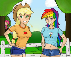 Size: 900x729 | Tagged: dead source, safe, artist:gutovi, applejack, pinkie pie, rainbow dash, human, g4, 2011, 2012, apple, applejack's hat, bandaid, clothes, cloud, cowboy hat, eyes closed, female, fence, food, freckles, grin, hat, humanized, multicolored hair, old art, pants, peace sign, rainbow hair, redraw, shirt, signature, sky, smiling, straw in mouth, tree