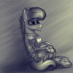 Size: 3100x3100 | Tagged: safe, artist:darklight1315, oc, oc only, oc:trident, earth pony, pony, fallout equestria, armor, earth pony oc, eyebrows, fallout equestria: mayday, high res, male, monochrome, power armor, powered exoskeleton, signature, sitting, sketch, smiling, solo, stallion