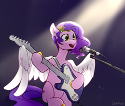 Size: 4928x4167 | Tagged: safe, artist:laymy, pipp petals, pegasus, pony, g5, crown, electric guitar, female, fender telecaster, guitar, jewelry, mare, microphone, musical instrument, open mouth, open smile, regalia, signature, singing, sitting, smiling, solo
