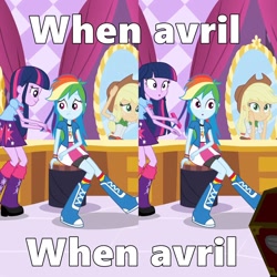 Size: 1200x1200 | Tagged: safe, edit, edited screencap, screencap, applejack, rainbow dash, rarity, twilight sparkle, human, equestria girls, g4, my little pony equestria girls, avril lavigne, belt, boots, clothes, cowboy hat, hat, high heel boots, jacket, meme, shirt, shoes, skirt, socks, vest