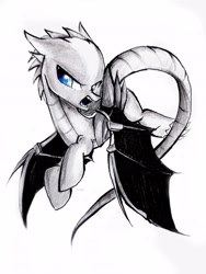 Size: 2890x3853 | Tagged: safe, artist:liaaqila, oc, oc only, oc:llvm, dracony, hybrid, fangs, flying, high res, llvm, open mouth, ponified, programming, simple background, solo, traditional art, white background