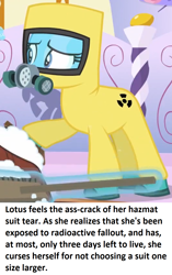Size: 872x1390 | Tagged: safe, edit, edited screencap, screencap, lotus blossom, earth pony, pony, g4, she's all yak, female, foam, hazmat suit, imminent death, op is a duck, ponestrip, radiation, solo, text, this will end in pain and/or death, wat