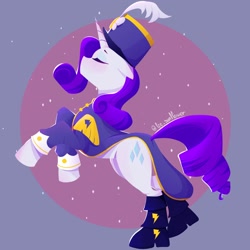 Size: 1200x1200 | Tagged: safe, artist:andy lie, rarity, pony, unicorn, g4, ancient wonderbolts uniform, clothes, eyes closed, female, floppy ears, hat, mare, rearing, sgt. rarity, solo, sparkles, uniform