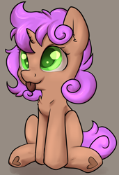 Size: 1408x2056 | Tagged: safe, artist:dumbwoofer, oc, oc only, oc:bristlecone, pony, unicorn, :p, chest fluff, ear fluff, female, filly, foal, heart, hoof heart, simple background, sitting, solo, tongue out, underhoof