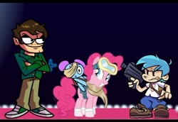 Size: 567x391 | Tagged: safe, pinkie pie, earth pony, human, pony, :o, bag, boyfriend (friday night funkin), clothes, devious smile, eduardo (eddsworld), friday night funkin', goggles, gun, happy, night, open mouth, pibby, riding a pony, scarf, serious, serious face, shoes, smiling, smirk, surprised, weapon
