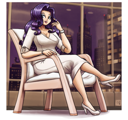 Size: 2125x2000 | Tagged: safe, artist:king-kakapo, part of a set, rarity, human, bracelet, chair, city, clothes, dress, female, high heels, humanized, jewelry, looking at you, night, playing with hair, shoes, sitting, skyscraper, solo, solo female, window