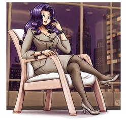 Size: 2125x2000 | Tagged: safe, artist:king-kakapo, part of a set, rarity, human, bracelet, chair, city, clothes, female, high heels, humanized, jewelry, looking at you, night, pantyhose, playing with hair, shoes, sitting, skirt, skirt suit, skyscraper, solo, solo female, suit, window