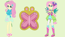 Size: 1280x720 | Tagged: safe, artist:amadondawn, fluttershy, human, equestria girls, g4, boots, clothes, crystal guardian, crystal wings, high heel boots, ponied up, shoes, simple background, solo, wings