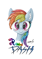 Size: 3508x4961 | Tagged: safe, artist:memprices, rainbow dash, pegasus, pony, g4, absurd resolution, blushing, bust, colorful, cute, dashabetes, digital art, looking at you, pencil drawing, simple background, smiling, solo, traditional art, white background