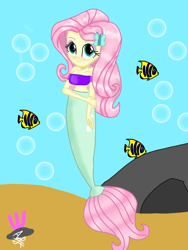 Size: 768x1024 | Tagged: safe, artist:mazakbar567, edit, fluttershy, fish, mermaid, merpony, equestria girls, g4, beach, beautiful, bikini, bra, breasts, bubble, clothes, ocean, solo, swimsuit, underwater, underwear, water