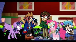 Size: 720x400 | Tagged: safe, pinkie pie, twilight sparkle, alicorn, earth pony, human, pony, g4, boyfriend (friday night funkin), castle of the royal pony sisters, eduardo (eddsworld), error, friday night funkin', glitch, gun, house, pibby, ready to fight, tord (eddsworld), twilight sparkle (alicorn), weapon