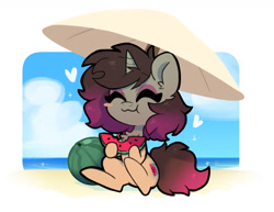 Size: 1551x1200 | Tagged: safe, artist:oofycolorful, oc, oc only, oc:woonie, pony, unicorn, :3, ^^, beach, beach umbrella, blush sticker, blushing, eating, eyes closed, food, heart, herbivore, solo, watermelon