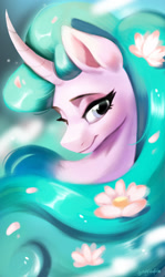 Size: 1560x2611 | Tagged: safe, artist:oofycolorful, mistmane, pony, unicorn, g4, curved horn, flower, flower in hair, horn, solo