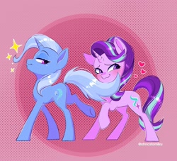 Size: 2627x2386 | Tagged: safe, artist:tomi_ouo, starlight glimmer, trixie, pony, unicorn, g4, blushing, butt, dock, duo, female, heart, high res, lesbian, lidded eyes, looking back, plot, raised hoof, seduction, ship:startrix, shipping, smiling, smug, stars, tail, tail seduce, wavy mouth