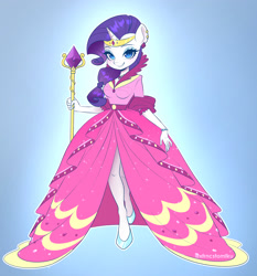 Size: 2160x2321 | Tagged: safe, artist:xfrncstomiku, rarity, unicorn, anthro, bracelet, clothes, dress, ear piercing, female, jewelry, looking at you, piercing, smiling, smiling at you, solo, staff, tiara