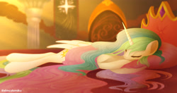 Size: 4096x2160 | Tagged: safe, artist:tomi_ouo, princess celestia, alicorn, pony, g4, commission, eyes closed, female, high res, lying down, mare, pillow, solo