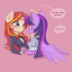 Size: 2000x2000 | Tagged: safe, artist:xfrncstomiku, sunset shimmer, twilight sparkle, alicorn, pony, unicorn, anthro, bowtie, clothes, cute, duo, female, holding hands, horn, horns are touching, lesbian, looking at each other, looking at someone, pink background, shimmerbetes, shipping, simple background, speech bubble, suit, sunsetsparkle, twiabetes, twilight sparkle (alicorn)