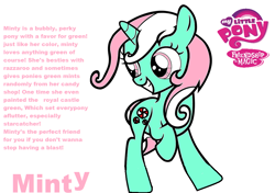 Size: 1032x728 | Tagged: safe, artist:pinkamenarockscute13, minty, pony, unicorn, g3, g4, female, filly, foal, g3 to g4, generation leap, my little pony logo, peppermint, profile, race swap, raised hoof, redesign, simple background, smiling, text, unicorn minty, white background