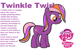 Size: 1008x656 | Tagged: safe, artist:pinkamenarockscute13, twinkle twirl, earth pony, pony, g3, g4, female, g3 to g4, generation leap, mare, my little pony logo, profile, simple background, smiling, text, white background