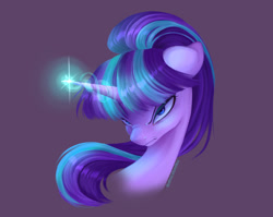 Size: 2371x1884 | Tagged: safe, artist:tomi_ouo, starlight glimmer, pony, unicorn, g4, bust, ears back, female, glowing, glowing horn, horn, kubrick stare, looking at you, mare, nose wrinkle, purple background, s5 starlight, simple background, solo