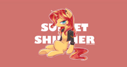 Size: 4096x2160 | Tagged: safe, artist:xfrncstomiku, sunset shimmer, pony, unicorn, clothes, ear piercing, earring, grumpy, jewelry, lidded eyes, piercing, red background, shirt, simple background, solo