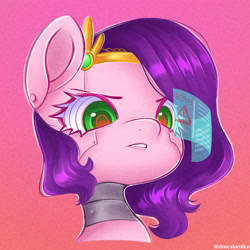 Size: 2000x2000 | Tagged: safe, artist:tomi_ouo, pipp petals, cyborg, pegasus, pony, robot, robot pony, g5, bust, commission, cybernetic eyes, error message, female, gradient background, high res, hologram, mare, pippbot, portrait, roboticization, solo, stern