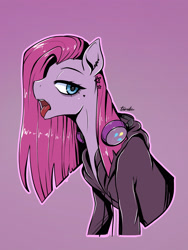 Size: 2160x2871 | Tagged: safe, artist:tomi_ouo, pinkie pie, earth pony, pony, g4, clothes, ear piercing, earring, headphones, high res, hoodie, jewelry, lidded eyes, open mouth, piercing, pinkamena diane pie, purple background, simple background, solo, tongue out