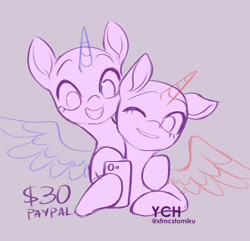 Size: 2243x2160 | Tagged: safe, artist:tomi_ouo, pony, any race, cellphone, duo, high res, hoof around neck, hoof hold, one eye closed, phone, shipping, smartphone, smiling, ych sketch, your character here