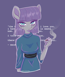 Size: 1832x2160 | Tagged: safe, artist:tomi_ouo, maud pie, earth pony, anthro, cutiemarks (and the things that bind us), vylet pony, g4, blue background, cigarette, female, makeup, obscured text, running makeup, simple background, smoke, solo