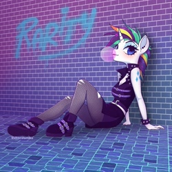 Size: 2169x2160 | Tagged: safe, artist:tomi_ouo, rarity, unicorn, anthro, g4, alternate hairstyle, brick wall, bubblegum, clothes, female, fishnet stockings, food, gum, high res, punk, raripunk, shoes, skirt, sleeveless, solo, spiked wristband, tomboy, wristband