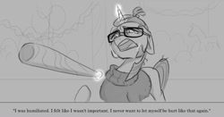 Size: 1080x568 | Tagged: safe, artist:tomi_ouo, moondancer, pony, unicorn, amending fences, g4, clothes, crying, ears back, glasses, grayscale, magic, monochrome, open mouth, solo, sweater, telekinesis