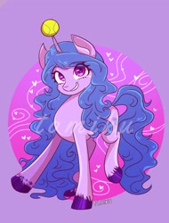 Size: 1555x2048 | Tagged: safe, artist:tomi_ouo, izzy moonbow, pony, unicorn, g5, ball, female, heart, horn, hornball, izzy's tennis ball, looking at you, mare, obtrusive watermark, smiling, smiling at you, solo, tennis ball, unshorn fetlocks, watermark