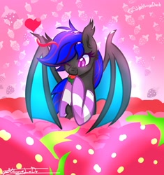 Size: 2633x2796 | Tagged: safe, artist:staceyld636, oc, oc only, oc:ebony rose, bat pony, pony, bat pony oc, bat wings, clothes, community related, eating, fangs, female, floating heart, food, heart, herbivore, high res, mare, nibbling, nom, one eye closed, socks, solo, spread wings, strawberry, striped socks, wings
