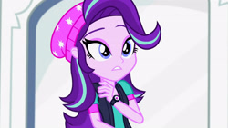 Size: 3410x1920 | Tagged: safe, screencap, starlight glimmer, human, equestria girls, equestria girls specials, g4, my little pony equestria girls: mirror magic, beanie, female, hat, high res, solo, statue