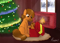 Size: 2560x1829 | Tagged: safe, artist:ksupav, oc, oc:venus spring, original species, plush pony, box, brown mane, brown tail, carpet, christmas, christmas tree, fire, fireplace, food, holiday, new year, orange, orange eyes, plushie, present, signature, smiling, tail, tree, window, winter