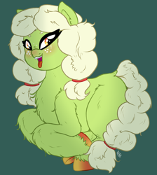 Size: 2590x2889 | Tagged: safe, artist:ponykittenboi, derpibooru exclusive, granny smith, earth pony, pony, g4, braid, braided tail, colored hooves, cute, female, filly, filly granny smith, freckles, high res, open mouth, signature, simple background, sitting, solo, tail, tongue out, unshorn fetlocks, young granny smith, younger