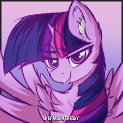 Size: 3000x3000 | Tagged: safe, artist:shepardinthesky, twilight sparkle, alicorn, pony, art pack:fangs out!, g4, bust, chest fluff, ear fluff, fangs, fluffy, high res, smiling, smug, solo, spread wings, twilight sparkle (alicorn), wings